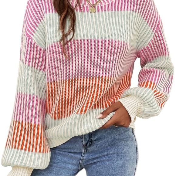 B211 Pink Colorblock Textured Knit Bubble Sleeve Sweater - Picture 2 of 3